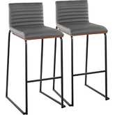 Mason Mara 30" Bar Stool in Black Metal, Walnut Wood & Grey Leatherette (Set of 2)